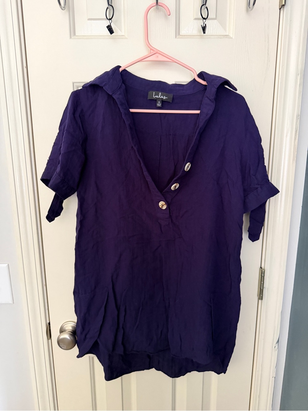 Lulu's Purple Short Sleeve V-Neck Tunic with Button Detail